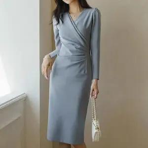 치마 원피스 여사친 크로스 슬림 정장 솔리드 봄가을 힙스터 브이넥 원픽1