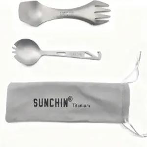 순친 티타늄 3 in 1 포크 스푼 나이프 다기능 배낭 여행용 캠핑 도구 세트 캐리백 포함