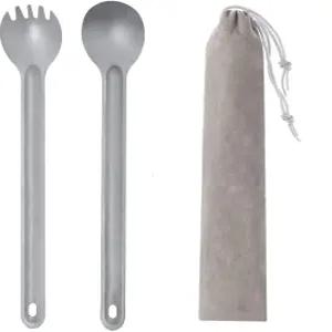 롱 핸들 티타늄 스팍 앤 스푼 - 배낭 여행 및 캠핑용 8.4인치 길이의 금속 식기 세트 강력한 경량 가방