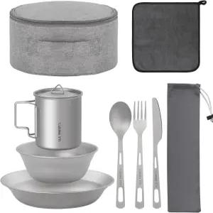 ZING TTI 티타늄 식기 세트 8피스 캠핑 키트 그릇 접시 컵 포크 숟가락 냅킨 배낭여행 하이킹 피크닉을