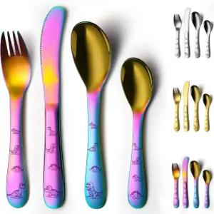 에반다 무지개 식기 세트 티타늄 코팅 4피스 스테인리스 스틸 은식기 포크 및 숟가락 거울 광택 매끄러운