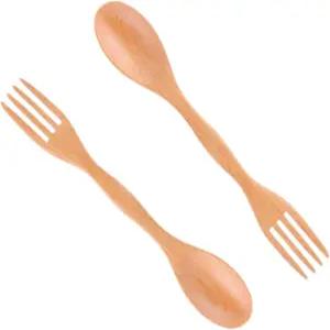 2Pcs 나무 숟가락 포크 세트 이중 용도 식기 재사용 가능한 및 캠핑 여행 도구용