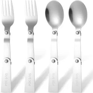 2PCS 접이식 포크 및 스푼 펀테이너 10온스 음식 병용 스테인리스 스틸 세트 대체 여행용 식기