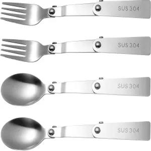 보후이즈 2종 접이식 포크 및 스푼 휴대용 스테인리스 스틸 세트 야외 여행용 캠핑 대체 도구 보온 도시락