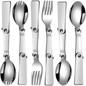 Pinenjoy 6Pc 접이식 숟가락 포크 세트 18/10(304) 스테인리스 스틸 휴대용 캠핑 도구 보온병 야외 활동용