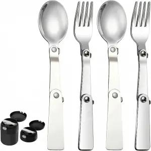 2개 접이식 숟가락 및 포크 보온병 스테인리스 킹 진공 단열 식품 병 16온스 휴대용 교체용 스틸 스푼