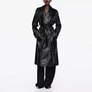 여친 롱 블랙 가을 프렌치 트렌치코트 더블버튼 PU라이크 벨트 OP3