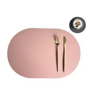 양면 타원 식탁매트 티코스터 PU 가죽매트 핑크차콜 WFG2S2A