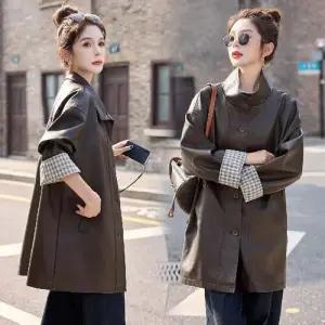 여친 봄가을 오버핏 뉴트렌드 슬림핏 레더코트 일자핏 중기장 트렌치코트 PU가죽트렌치 OP3
