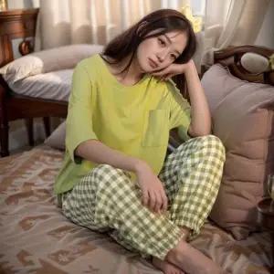 체크 여성 파자마 세트 반팔 여자 파자마 세트 여름 실내복