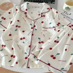 ( )여성 여자 여름 체리 무늬 반팔 반바지 잠옷 홈웨어 파자마 세트
