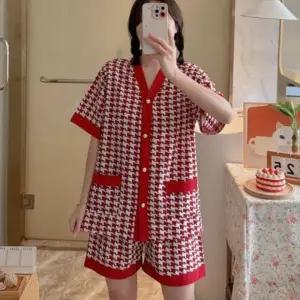 여성 여자 여름 체크 파자마 파티 홈웨어 잠옷 실내복 세트 4color
