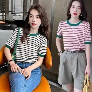 여자 여름 외출 라운드넥 스트라이프 반팔 니트 여성 단가라 라티 니트티 쿨니트 배색