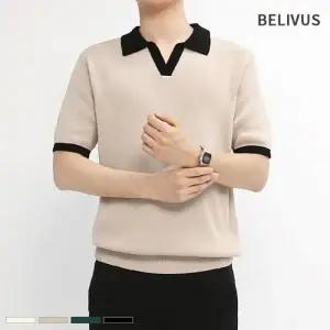 빌리버스 남자 반팔티 BRE051 오픈 카라 니트 여름 티셔츠