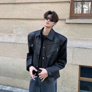 남성용 춘추 터틀넥 자켓 가죽 점퍼 쇼트 스타일리스트 OP3