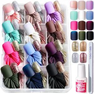 티니터 매트 아크릴 쇼트 스퀘어 페이크 네일 360Pcs 풀 커버 글리터 프레스온