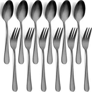 12 PCS 포크 및 스푼 블랙 실버웨어 세트 식품 등급 스테인리스 스틸 식기 6 포크(5.35인치)