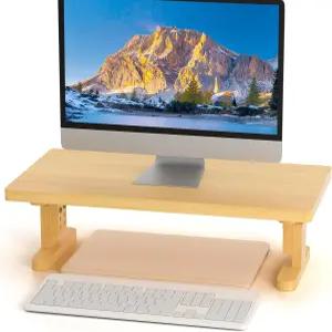 책상용 Qecamy 대나무 모니터 스탠드 라이저 높이 조절 가능한 컴퓨터 및 노트북 인체공학적 데스크톱 정리