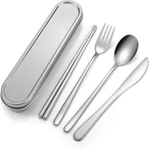 여행용 식기 세트 18/8 스테인리스 스틸 재사용 가능한 케이스 포함 캠핑 및 사무실용 휴대용 실버웨어