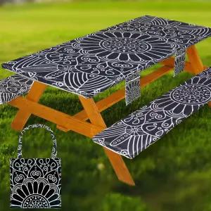 벤치 커버가 있는 피크닉 테이블 커버 비닐 방수 탄성 가장자리가 장착된 직사각형 파티오 테이블보 캠핑