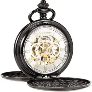 트리웨토 남성용 기계식 포켓 워치 빈티지 스팀펑크 매끄러운 더블 케이스 로마 숫자 포브 시계 체인 박스