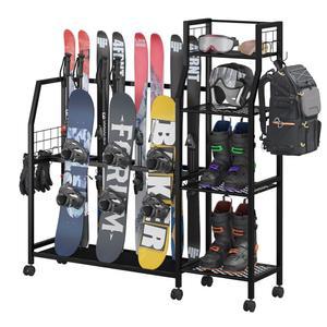 스키 4켤레, 스노보드 3켤레, 부츠, 폴, 고글, 헬멧, 조절 가능한 선반이 있는 보관함, 가정용 스탠드, 차고용 키키하우스 4단 프리스탠딩