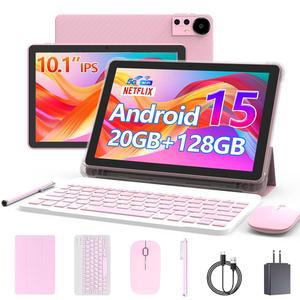 CUPEISI Android 15 태블릿 10인치, 20GB RAM+128GB ROM/2TB 확장형, 2.0GHz 쿼드코어 프로세서, 1280*800 HD 화면, 5G WiFi6 BT 5.0, 키보드 케이스 마우스 스타일러스 포함 1개 중 2개, 와이드바인 L1 핑크
