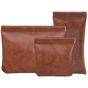 Hapforever 3PCS 파우치릭 스냅 클로저 파우치, 여행용 미니 화장품 가방용 Pu 가죽 작은 메이크업 가방 여성용 세 가지 사이즈 동전 지갑 정리함 보관 파우치(브라운)