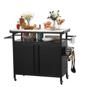 넥사이오 XL 롤링 바 그릴 카트 야외 파티오 가구, 주방 준비를 위한 스테인리스 스틸 상단이 있는 테이블 및 액세서리를 보관 캐비닛, 블랙