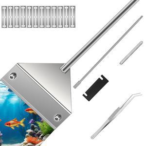 Ymiueip 25인치 유리 수족관 조류 스크래퍼 - 내구성이 뛰어난 스테인리스 스틸, 고집스러운 조류를 강력하게 제거하는 전문 어항 청소 도구, 칼집, 긴 핀셋 및 교체 가능한 칼날 10개 포함
