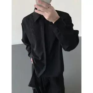 빈티지 캐주얼 남성용 셔츠 서예 자수 긴팔 다크 카디건 패피1