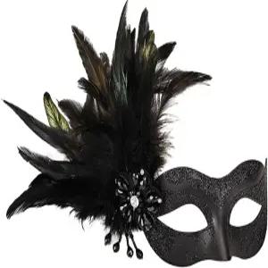 할로윈 마디 그라 코스튬 파티 볼과 깃털 꽃 장식이 있는 반짝이는 베네치아 마스크 여성용 롤리펀 가면극.