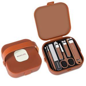 남녀용 네일 클 세트 7피스 스테인리스 그루밍 키트, 손톱 및 발톱 커터, 고급 여행용 케이스 케어 도구 매니큐어 페디큐어 브라운