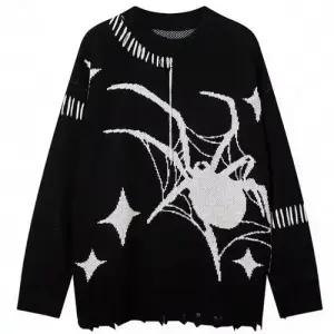 남사친 니트 빈티지 풀오버 패턴 거미 펀칭 긴팔 다크 패피1