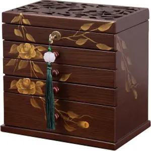 Xloverise 수작업 장미 주얼리 박스 우드 포 와우엔 서랍장 4개가 있는 6겹 나무 정리함 잠금 장치가