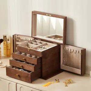 초신 블랙 호두나무 주얼리 박스 거울 사이드 도어 및 황동 손잡이가 있는 4겹 잠금식 목재 정리함 반지