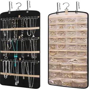 문 너머의 여성 보석 정리함 걸이 귀걸이용 작은 2개의 큰 9개의 중간 포켓이 있는 양면 보관 목걸이 반지