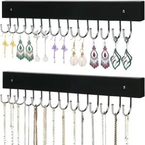 앤독 목걸이 홀더 벽걸이 보석 정리함 - 28개의 후크가 달린 2팩 나무 걸이 귀걸이 및 반지 팔찌 보관