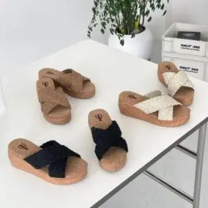 [신상오픈런]여성 심플 코르크 스트랩 웨지힐 슬리퍼 (39079944)