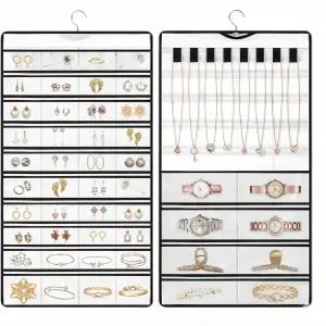 포리티 행잉 주얼리 정리함 양면 48 포켓 옷장 및 후크 보관함 귀걸이 목걸이 홀더/행잉 화이트