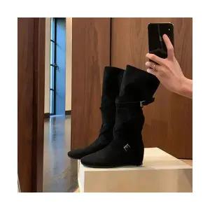 룽나루 여성 스트랩힐 양가죽 스틸레토 키높이 라운드 스트랩 소프트셔링 슬림 미들부츠 HO5