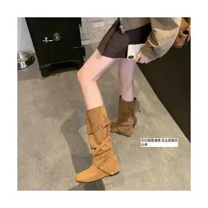 룽나루 여성 스트랩힐 양가죽 속굽 웨스턴 데님 부츠 라운드 스트랩 소프트셔링 슬림 미디엄 HO5