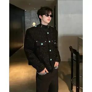 남성용 모직 노카라 터키석 재킷 슬림핏 눈물 자켓 숏 코트 패피1