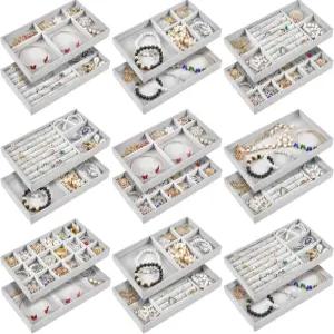 준킨 18개 벨벳 주얼리 트레이 스태커블 서랍 정리용 박스 분할 디스플레이 귀걸이 뱅글(그레이)