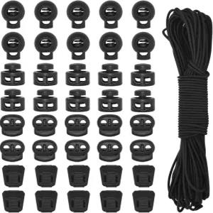 HDST-HOME 40개 플라스틱 코드 잠금장치 3종 및 1/8인치 65피트 탄성 스프링 토글 스토퍼 끝 슬라이더