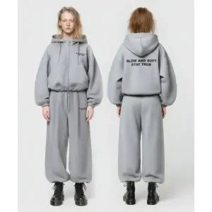 PRINOAR [SET] 슬로우 앤드 소프트 스트링 오버핏 투웨이 후드집업 + 원턱 스트링 팬츠 - 멜란지