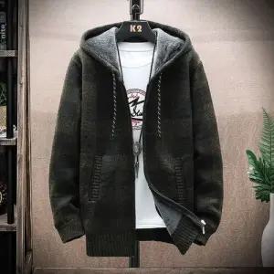 남성 니트 도톰 후드 기모 체크 가디건 패피1