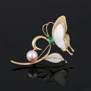 백자개 담수진주 그린 지르코니아 나비 호접 브로치