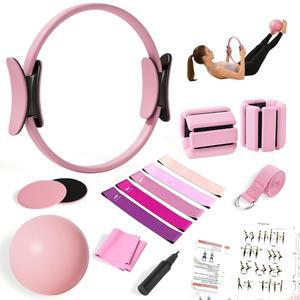 가정용 운동용 VNYEOZ 필라테스 장비 키트, 링 및 볼 세트, 코어 슬라이더, 조절 가능한 발목 손목 무게, 운동 저항성 밴드를 위한 필수 액세서리 키트