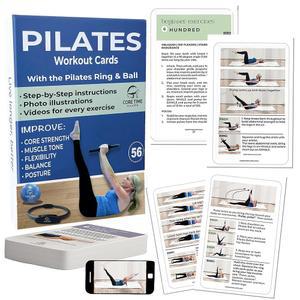 필라테스 카드 56장 - 공인 강사 제작 매트 운동 40장 서클 운동과 함께 사용 가능 스토트 링과 볼로 강화 자세한 사진 및 동영상 지침.